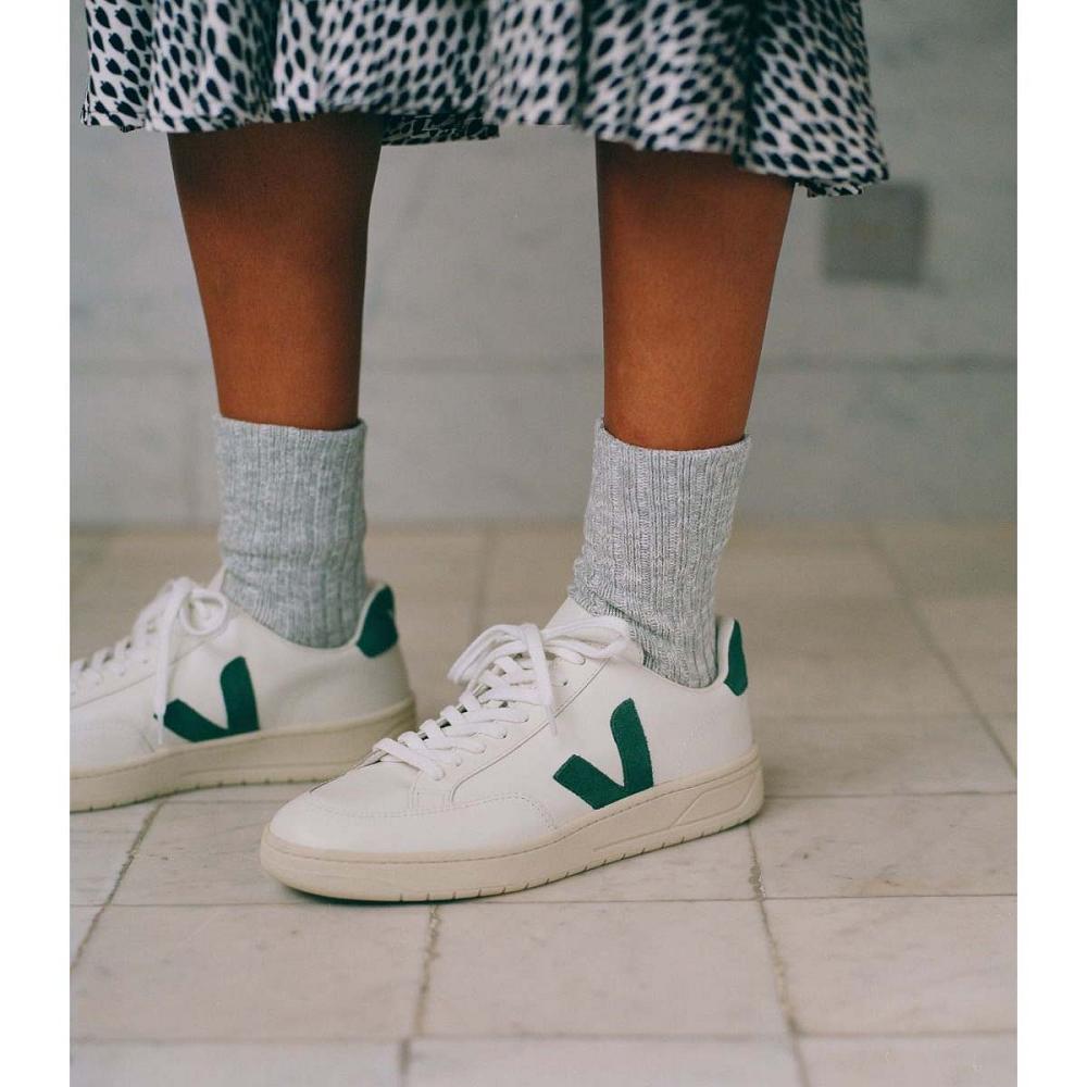 Veja V-12 LEATHER Sneakers Dames White/Green | NL 671KOR